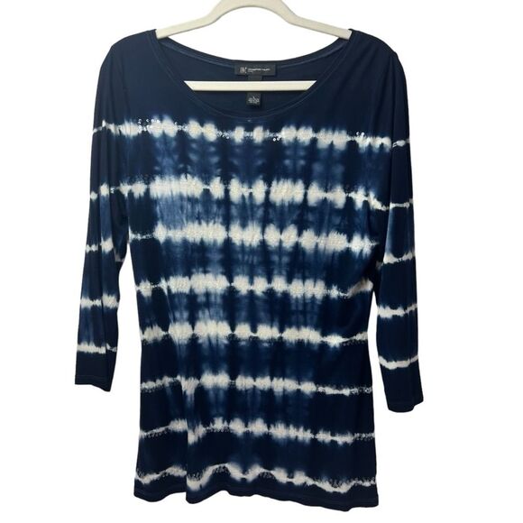 Inc International Concepts Tie Dye Sequined 3/4 Sleeve Top Navy White Size L - Picture 1 of 4